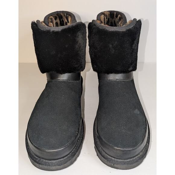 UGG Women's 10 Classic Leopard Lined Bow Black Suede Boots Animal Print 1105354 - Picture 2 of 14